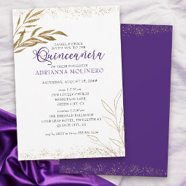 Invitación Elegante Quinceanera y masa morada y hoja de oro