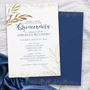 Invitación Elegante Quinceañera y Misa Azul Real Hoja de Oro