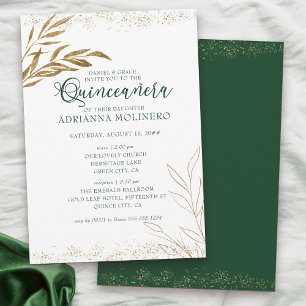 Invitación Elegante Quinceañera y Misa Verde y Hoja Dorada