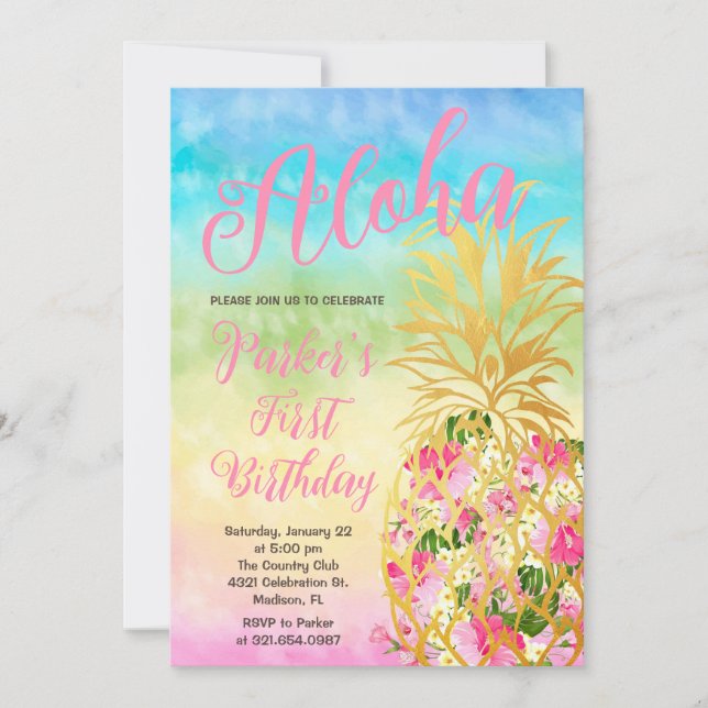 Invitación Elegante Rainbow Aloha Pineapple Primer cumpleaños (Anverso)