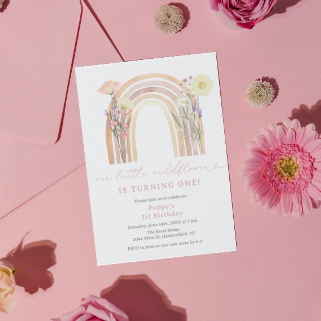 Invitación Elegante Rainbow Little Wildflower Primer cumpleañ (Subido por el creador)