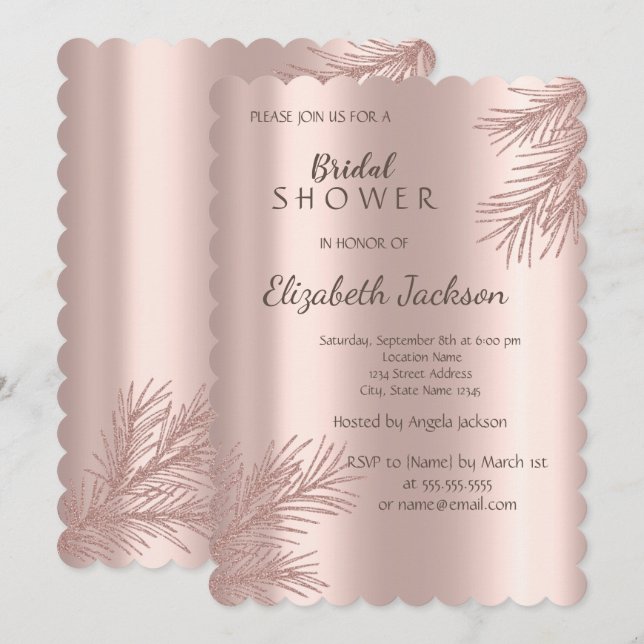 Invitación Elegante rama Purpurina Rosa Dorada Bridal Shower (Anverso / Reverso)