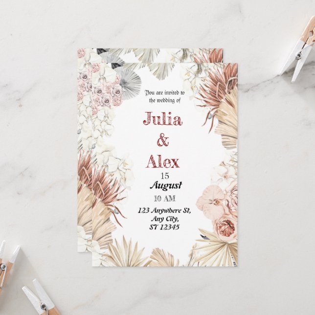 Invitación Elegante Ramo Boho de Acuarela Tropical en Beige (Anverso/Reverso In Situ)