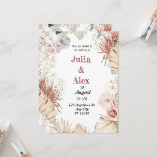 Invitación Elegante Ramo Boho de Acuarela Tropical en Beige