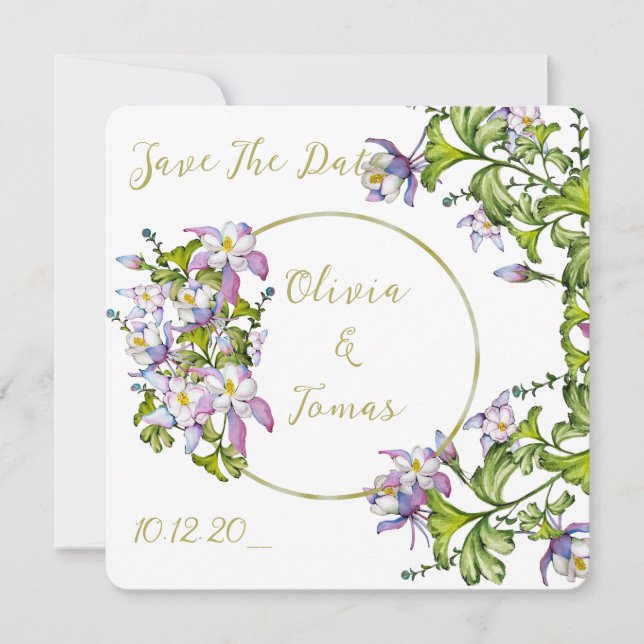 Invitación Elegante ramo de aquilegias acuarela (Anverso)