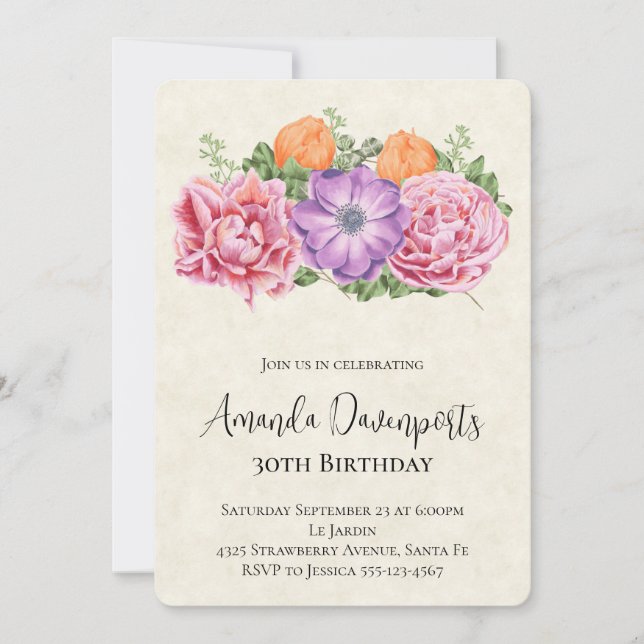 Invitación Elegante ramo de flores de acuarela de cumpleaños (Anverso)