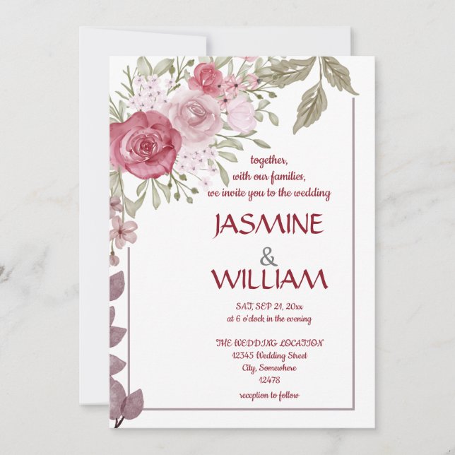 Invitación Elegante ramo de flores rosa, violeta y beige (Anverso)