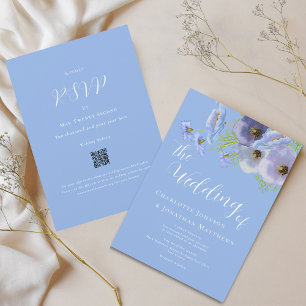 Invitación Elegante ramo floral boho azul Código QR de boda