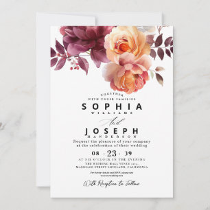 Invitación Elegante ramo floral de acuarela borgoña para boda
