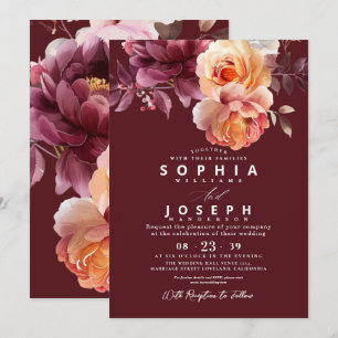 Invitación Elegante ramo floral de Borgoña en acuarela para b