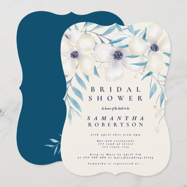Invitación Elegante ramo floral ducha de novia azul océano (Anverso / Reverso)