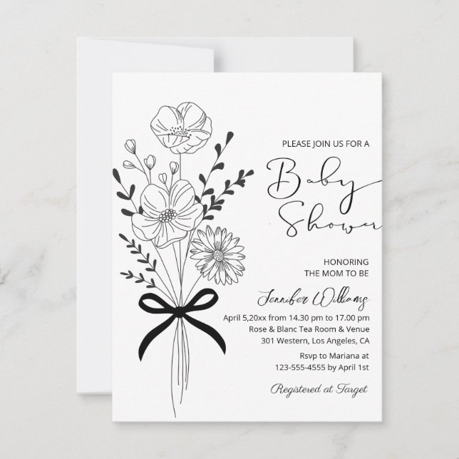 Invitación elegante ramo florido flores silvestres bebé ducha (Anverso)