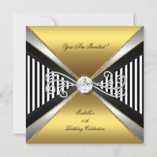 Invitación Elegante Raya Dorado Negro Blanco Plateado Cumplea
