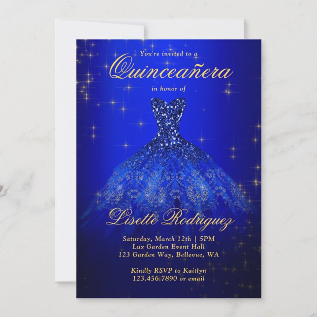 Invitación Elegante Real Azul Y Oro Temática Quinceanera (Anverso)