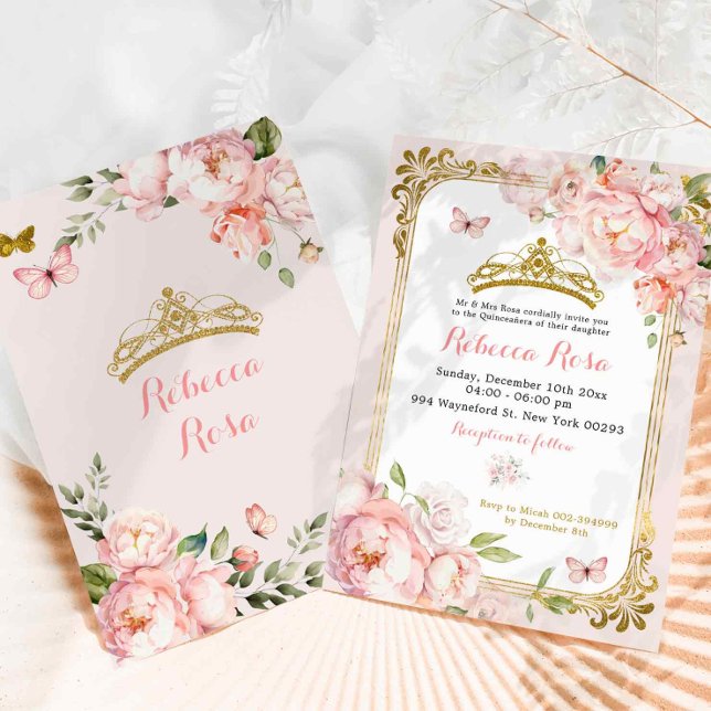 Invitación Elegante Real Crown Rubor Pink Gold Quinceañera (Subido por el creador)
