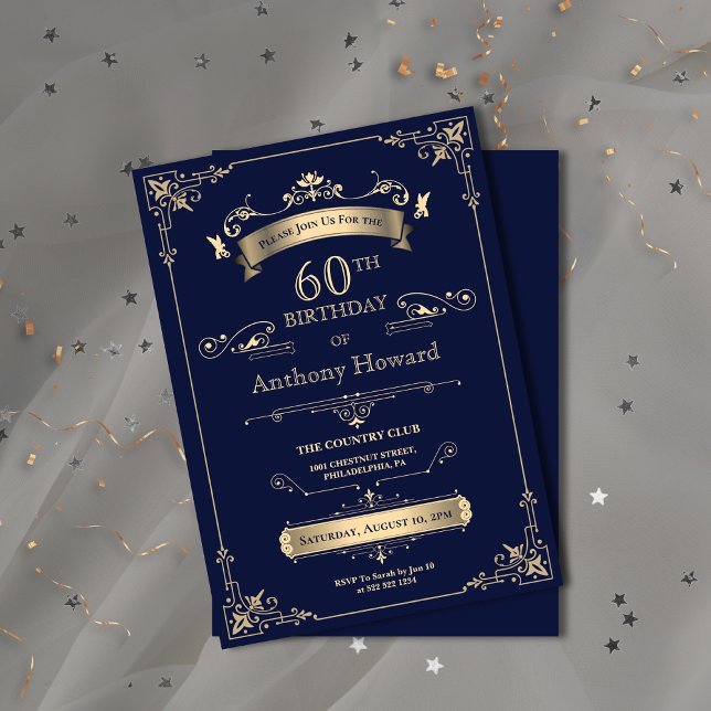 Invitación Elegante Real Navy Gold Milestone Edad Cumpleaños (Elegant Royal Navy Gold Milestone Age Birthday Invitation)