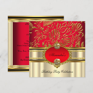 Invitación Elegante Real Rojo Crema Dorado Cumpleaños Damasco