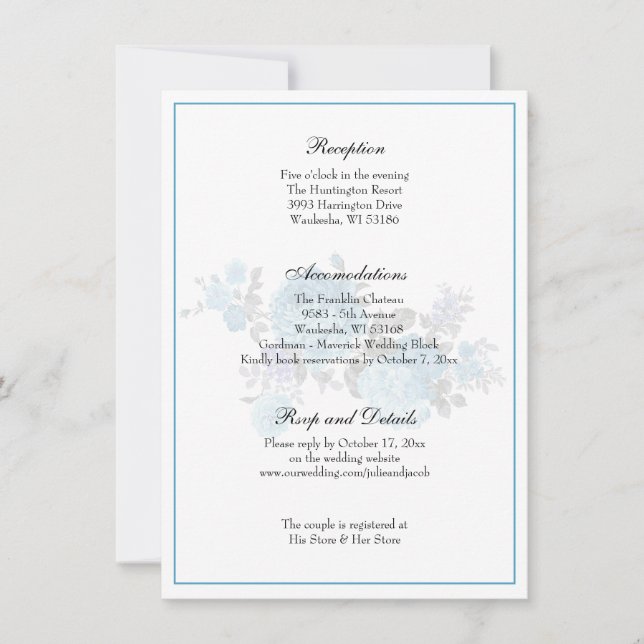 Invitación Elegante recepción clásica de boda floral azul (Anverso)