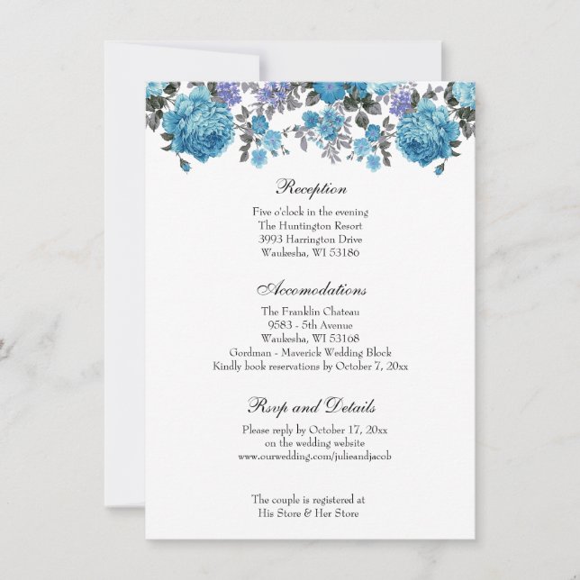 Invitación Elegante recepción clásica de boda floral azul (Anverso)