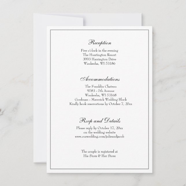 Invitación Elegante recepción clásica de bodas en blanco y ne (Anverso)