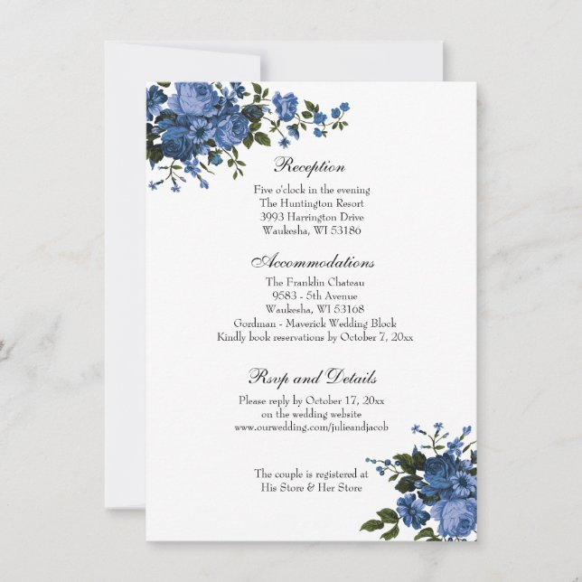 Invitación Elegante recepción clásica de Rosas azules de boda (Anverso)