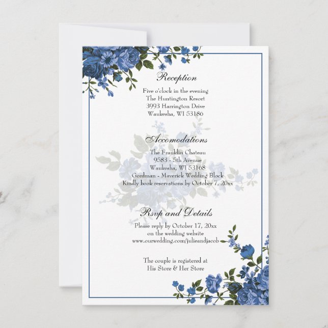 Invitación Elegante recepción clásica de Rosas azules de boda (Anverso)