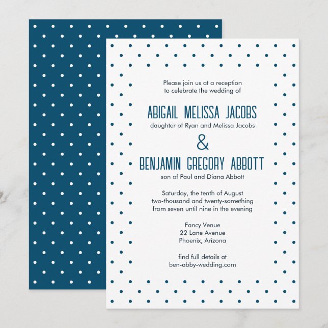 Invitación Elegante recepción con puntos de Polka azul y blan (Anverso / Reverso)