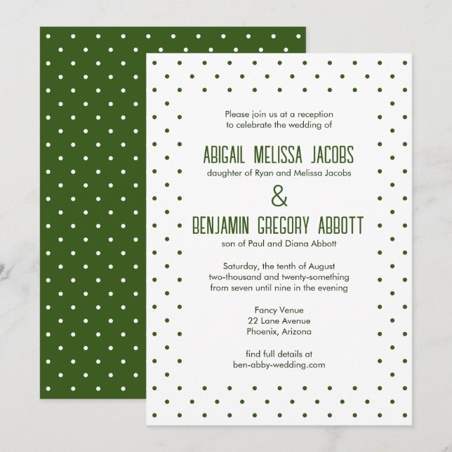 Invitación Elegante recepción con puntos de Polka Verde y Bla (Anverso / Reverso)
