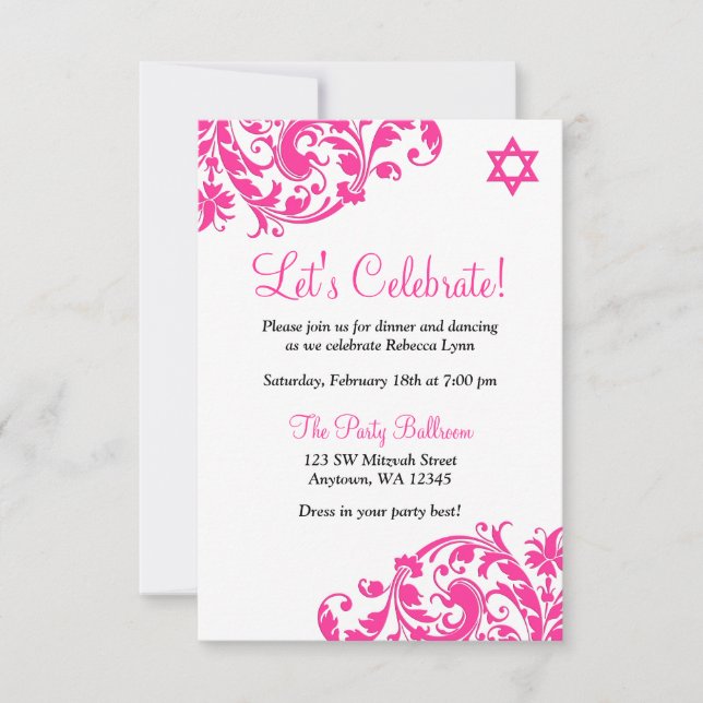 Invitación Elegante recepción de Bat Mitzvah color rosa calie (Anverso)