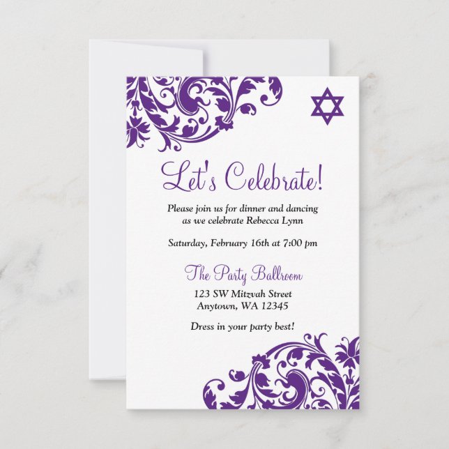 Invitación Elegante recepción de Bat Mitzvah con sabor morado (Anverso)