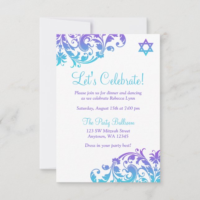 Invitación Elegante recepción de Bat Mitzvah Verde azulada Mo (Anverso)