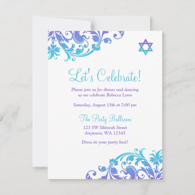 Invitación Elegante recepción de Bat Mitzvah Verde azulada Mo (Anverso)