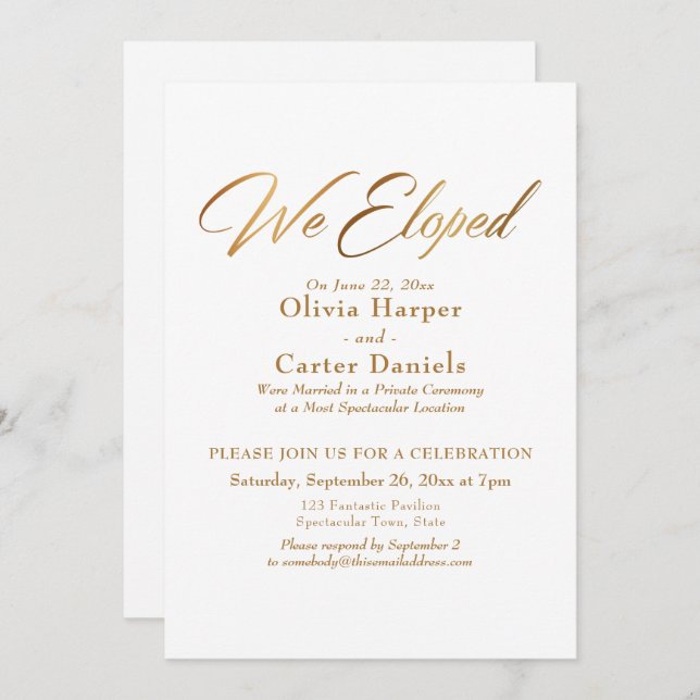 Invitación Elegante Recepción de Boda con Caligrafía en Oro (Anverso / Reverso)