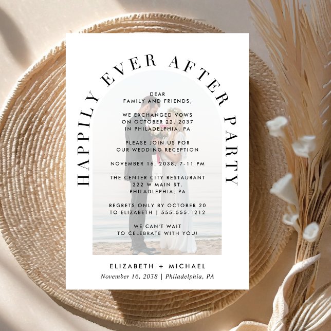 Invitación Elegante recepción de boda de fotografía de arco s (Celebrate your love story with an invitation showcasing your favorite photo in an elegant arch frame)
