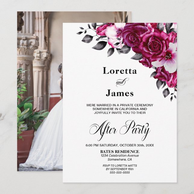 Invitación Elegante recepción de Boda Floral Rosa (Anverso / Reverso)