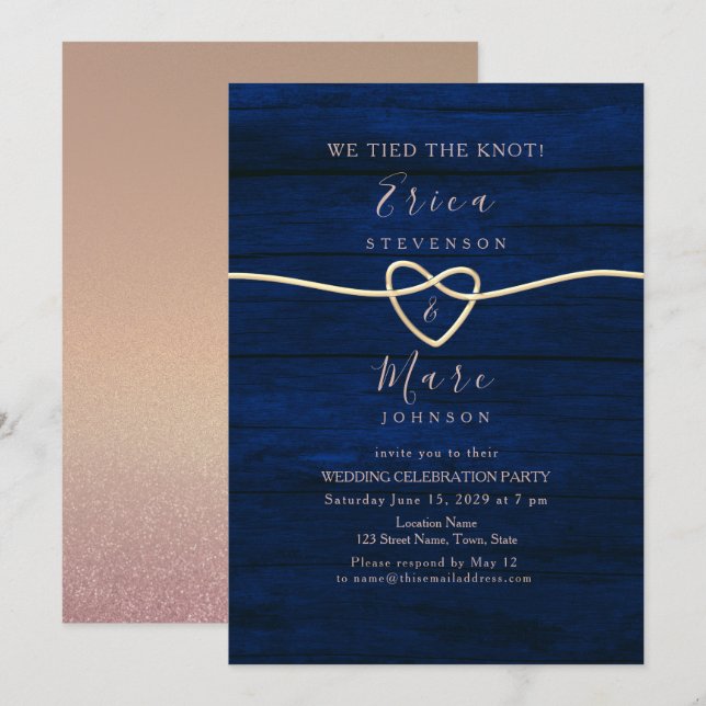 Invitación Elegante recepción de Bodas Azules de Oro y Marina (Anverso / Reverso)