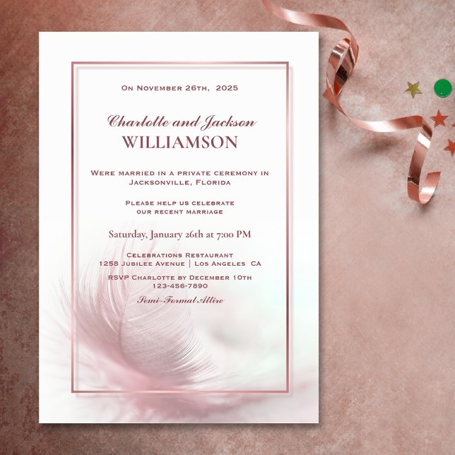 Invitación Elegante recepción de bodas de plumas rosadas polv (Subido por el creador)