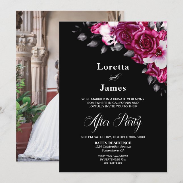 Invitación Elegante recepción de Bodas Negras con Flores Rosa (Anverso / Reverso)