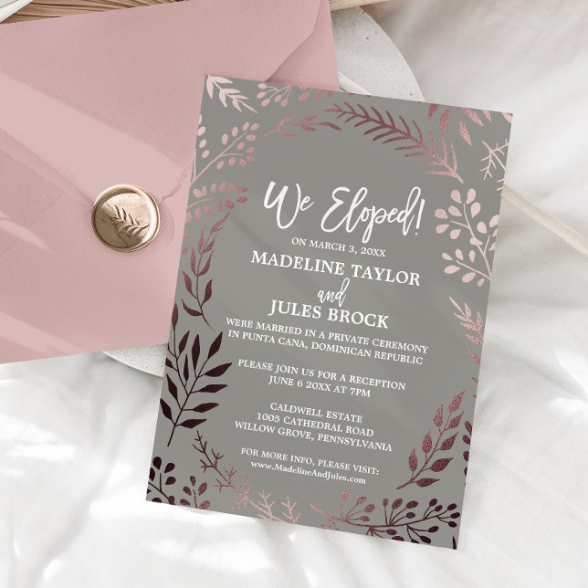 Invitación Elegante recepción de fuga con rosa dorado y gris (Subido por el creador)