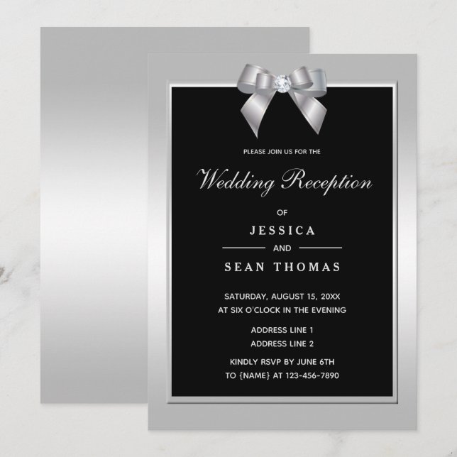 Invitación Elegante recepción de gemas plateados y bodas negr (Anverso / Reverso)