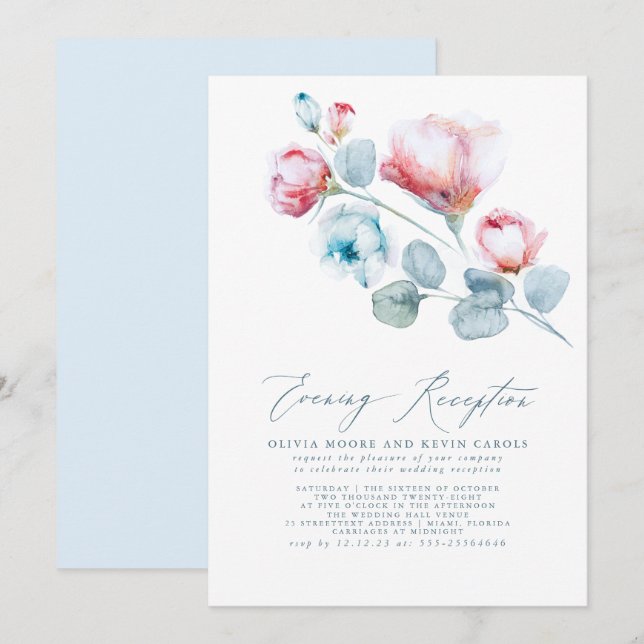 Invitación Elegante Recepción Dusty Blue Pink Floral (Anverso / Reverso)