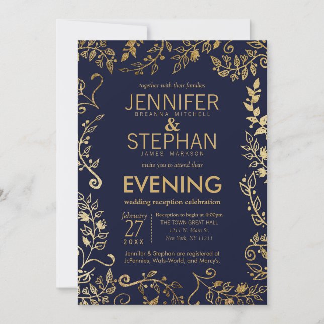 Invitación Elegante recepción floral de oro azul de la Marina (Anverso)