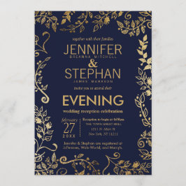 Invitación Elegante recepción floral de oro azul de la Marina