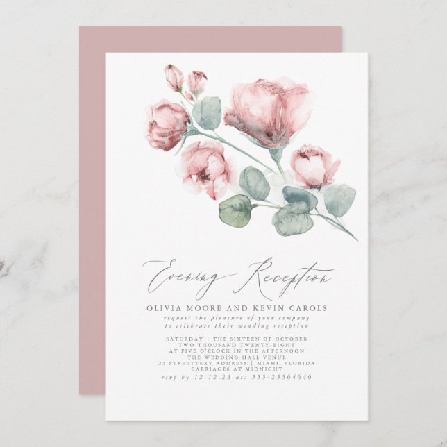 Invitación Elegante recepción moderna rosa rosa floral por la (Anverso / Reverso)