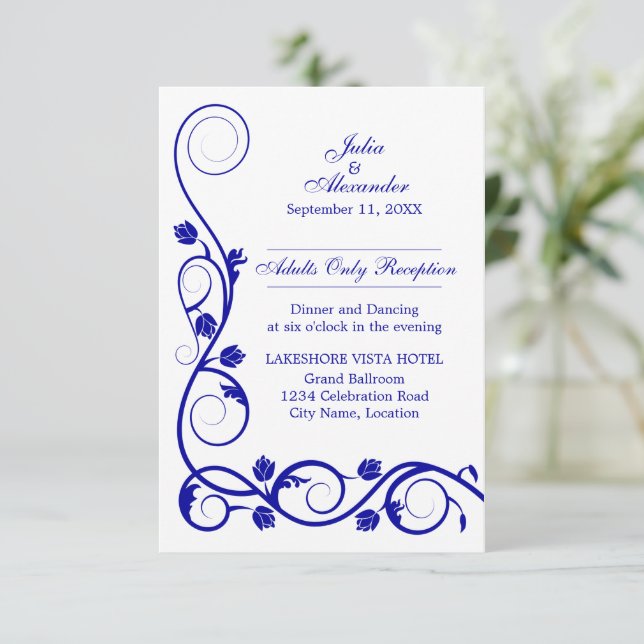 Invitación Elegante recepción Royal Blue Swirls (Anverso de pie)
