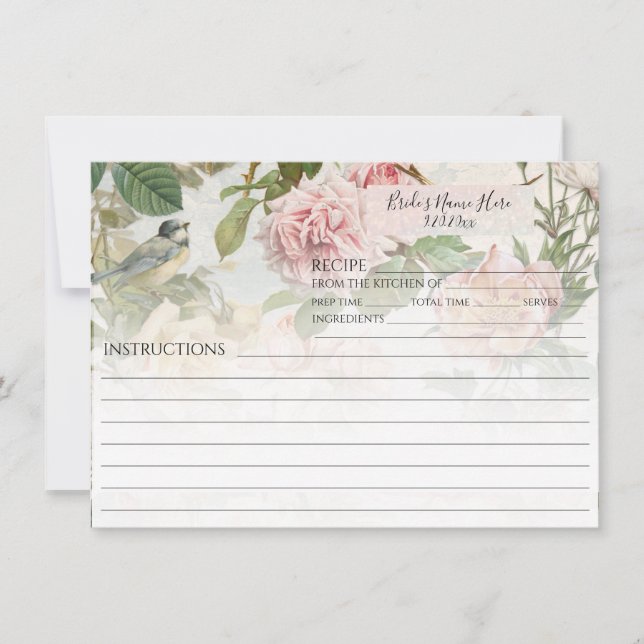 Invitación Elegante receta botánica floral con aves novia (Anverso)