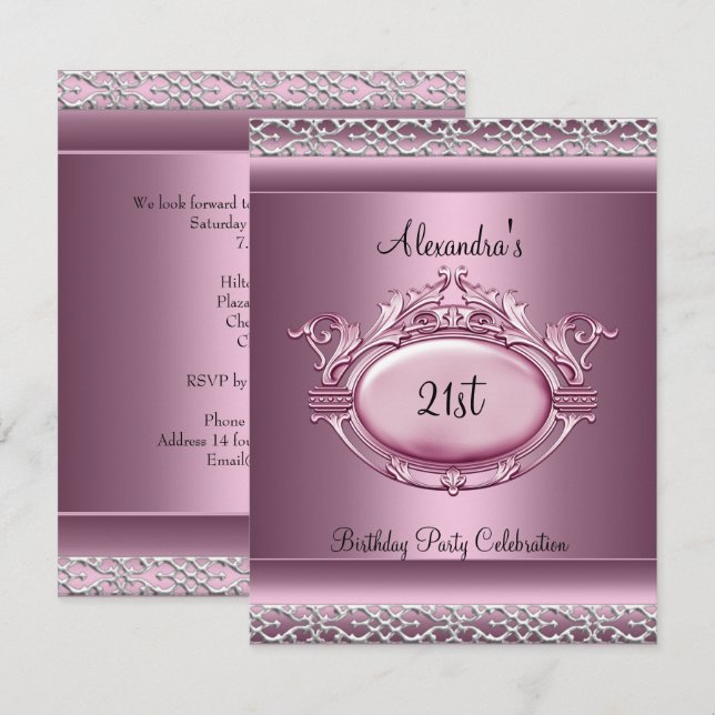 Invitación Elegante Recorte de plata rosa satinado Fiesta de  (Anverso / Reverso)