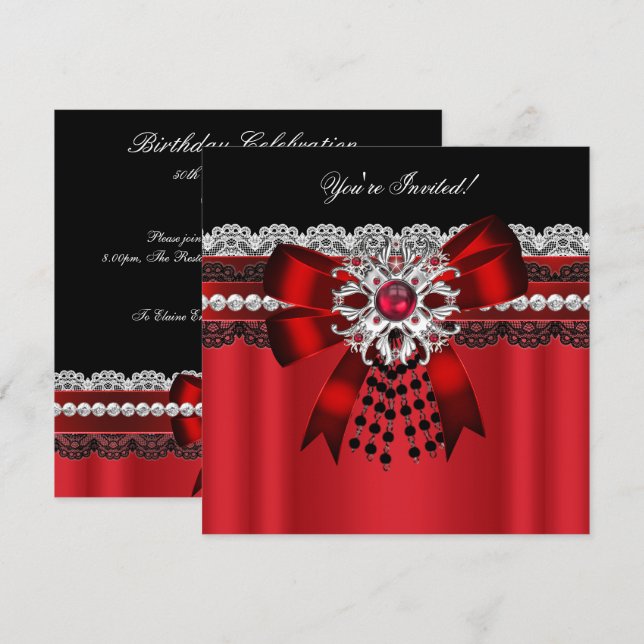 Invitación Elegante Red Black Diamond Silver Lace Fiesta 2 (Anverso / Reverso)