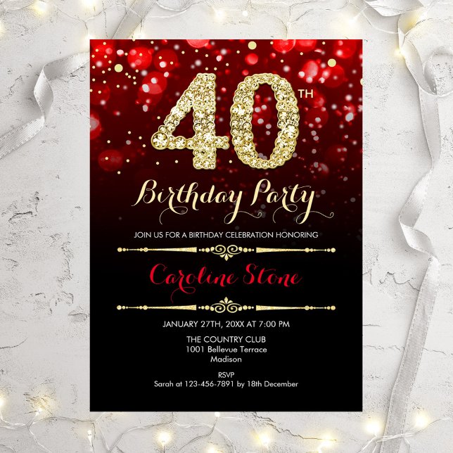 Invitación Elegante Red Black Gold 40 cumpleaños (Subido por el creador)