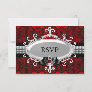 Invitación Elegante Red Black Lace & Jewel Bow RSVP